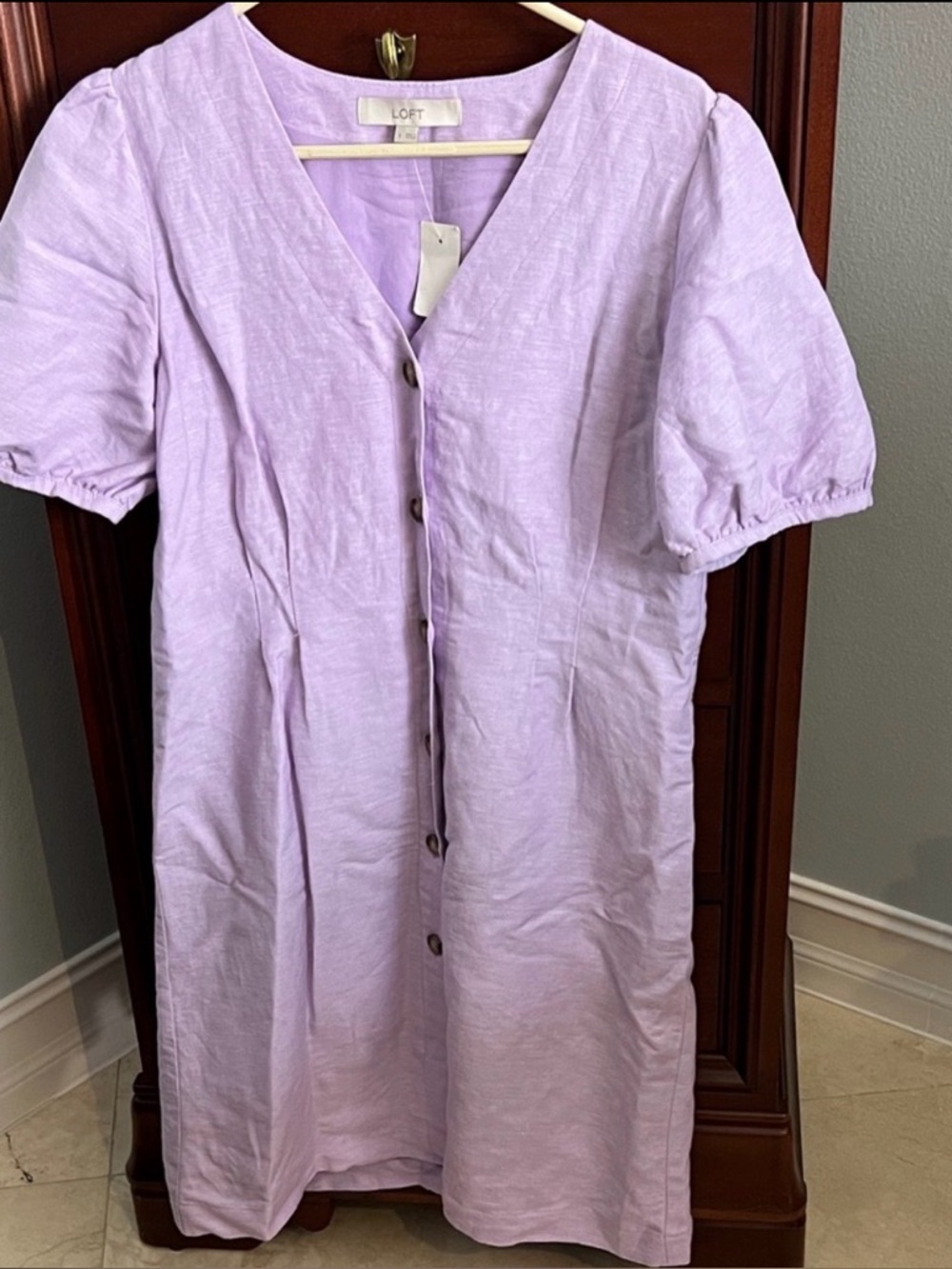 LOFT Button V-Neck Dress Linen Puff Sleeve Size 6 New NWT Light Purple - Picture 2 of 4